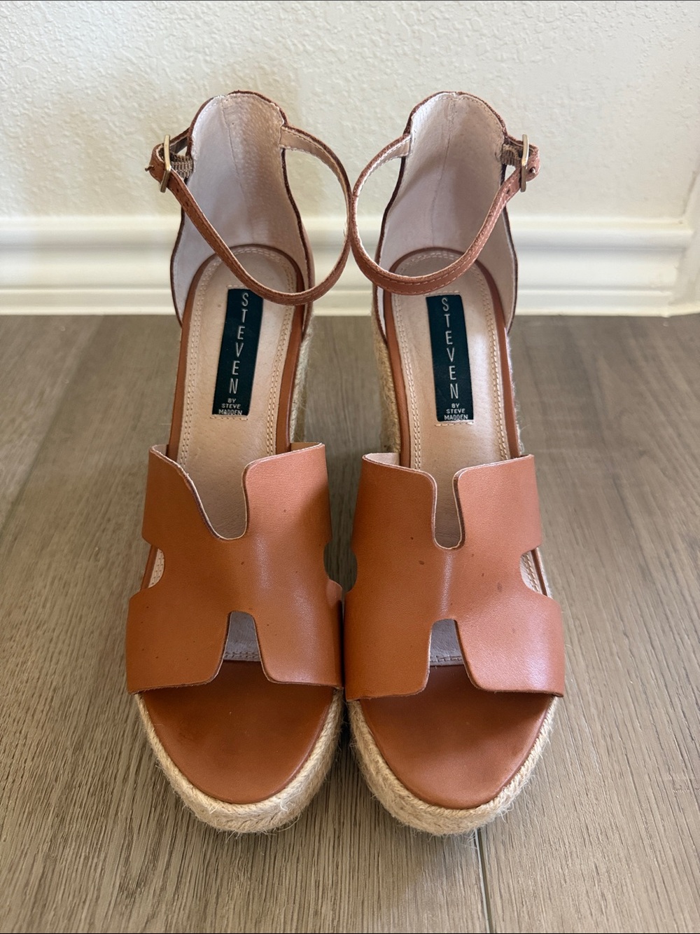Steven By Steve Madden Tan Leather Espadrille Wedge Sandals